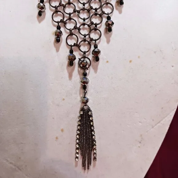 Handmade Gunmetal Rings Black Hematite Bead Bib Statement Necklace Tassel Fringe - Picture 4 of 12